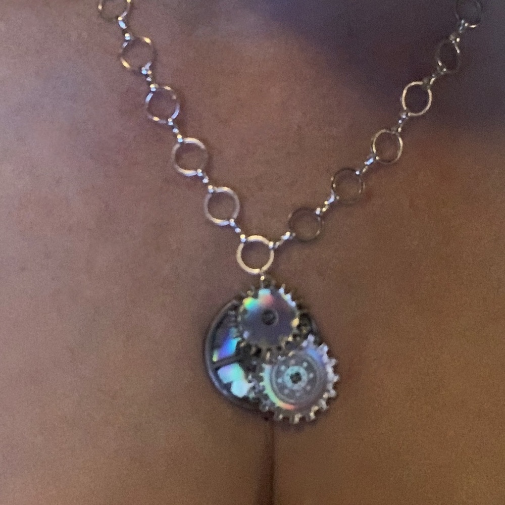 Silver Metal Gears Overlayed with Holographic Gear Decals Resin Glued Necklace